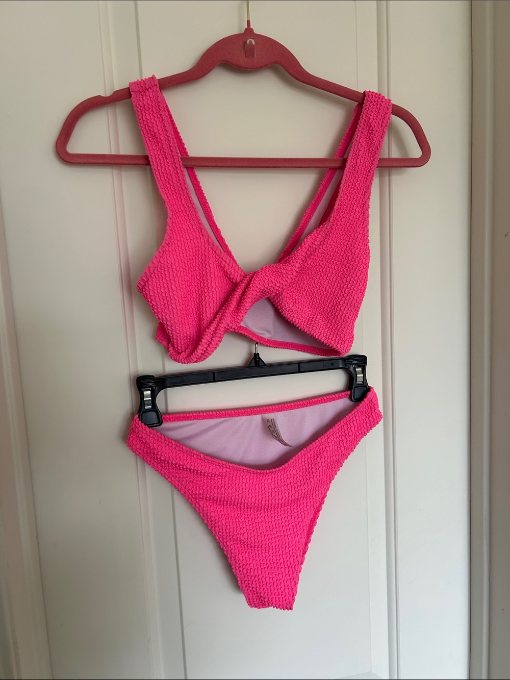 Neon Pink Ribbed Twist Front Bikini Set